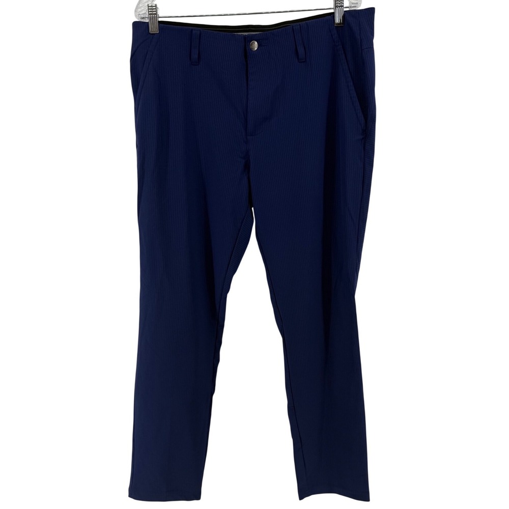 Adidas Mens Navy Blue Micro Pinstripe Golf Pants Size 36x32 Red Logo Activewear